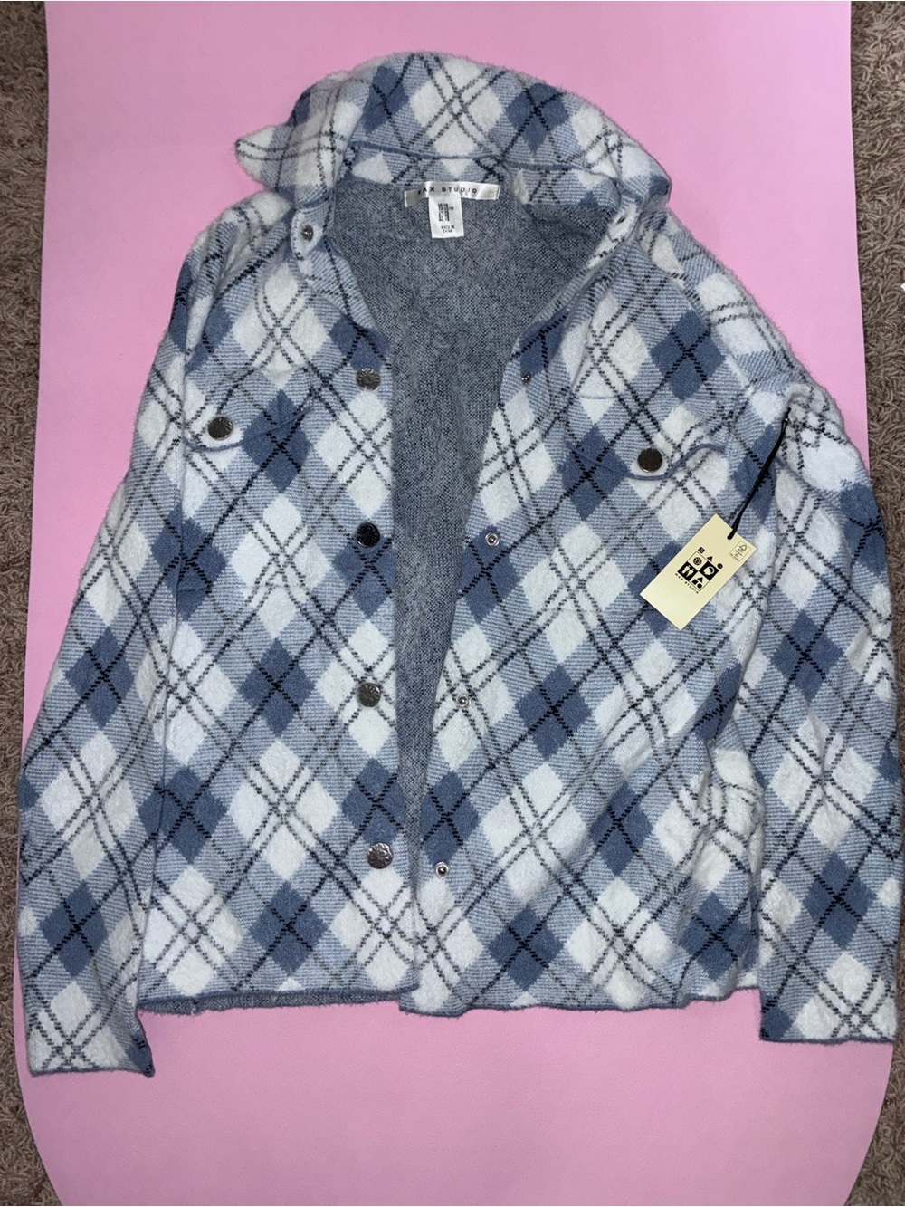 Max Studio Blue and White Plaid Hooded Jacket
